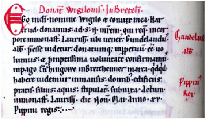 Die erste urkundliche Erwähnung 767 im Lorscher Kodex